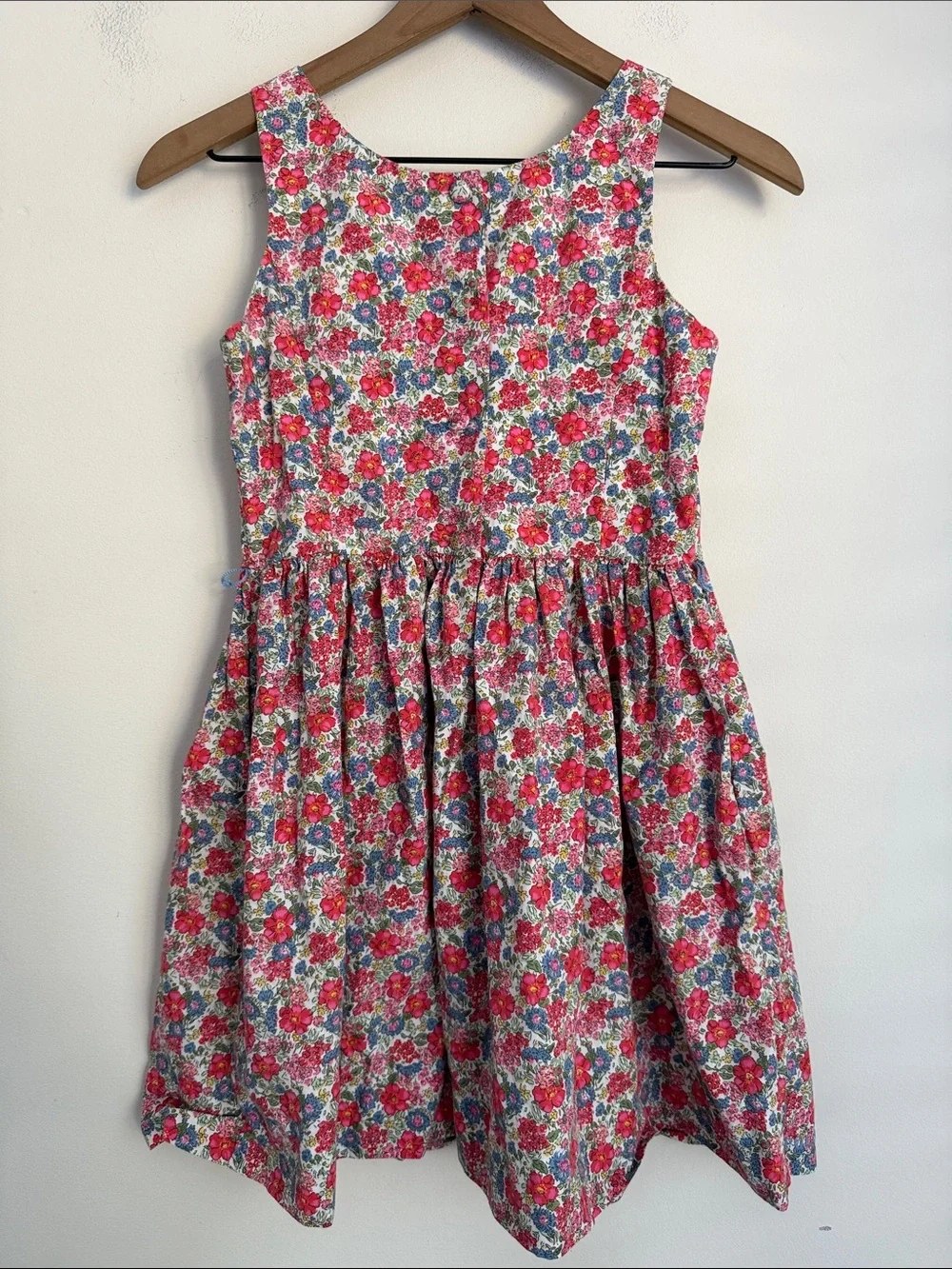 Ralph Lauren Girls Red & Blue ditsy Floral Cotton Dress sleeveless pockets 12